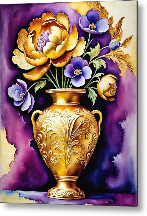Golden Vase Metal Print featuring the photograph Golden Vase and Flowers by Cate Franklyn