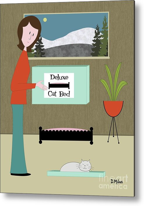 Mid Century Cat Metal Print featuring the digital art Gray Cat Prefers Box Lid by Donna Mibus