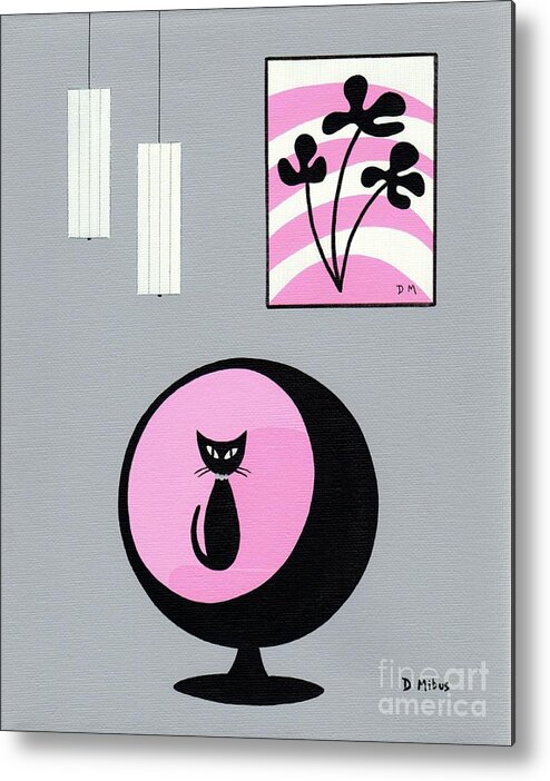 Mid Century Modern Metal Print featuring the painting Groovy Pink and Gray Room with Mod Flowers by Donna Mibus