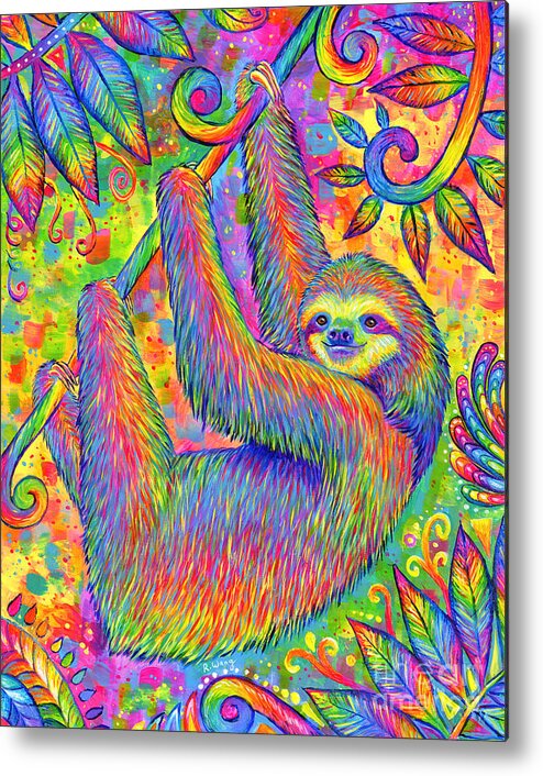 Sloth Metal Print featuring the painting Hanging Around - Psychedelic Sloth by Rebecca Wang