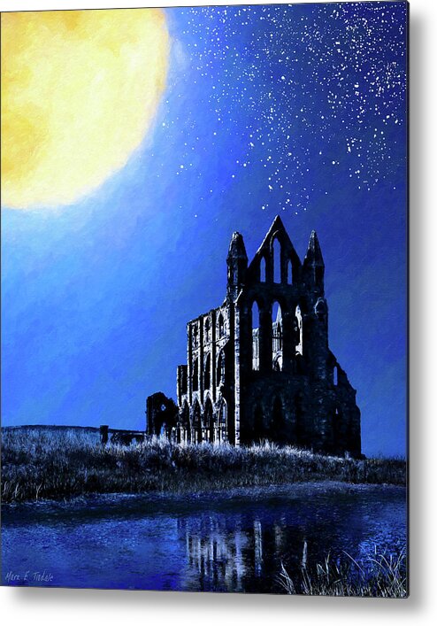 Whitby Abbey Metal Print featuring the mixed media Historic Whitby Abbey By Moonlight by Mark Tisdale