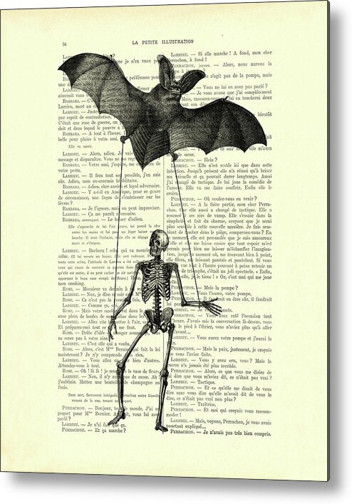 Skeleton Metal Print featuring the mixed media Human skeleton with giant bat art by Madame Memento