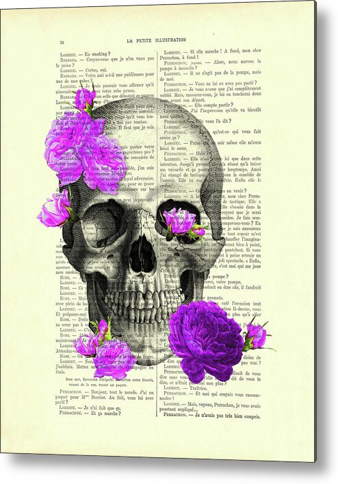 Skull Metal Print featuring the digital art Human Skull And Purple Roses by Madame Memento