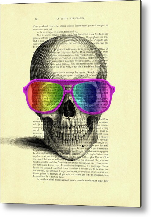 Skull Metal Print featuring the mixed media Human skull with rainbow glasses by Madame Memento