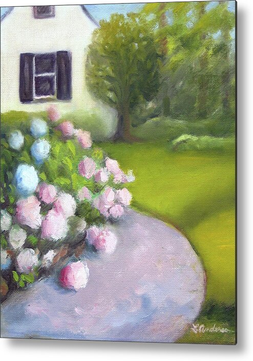 Landscape Metal Print featuring the painting Hydrangeas by Linda Anderson