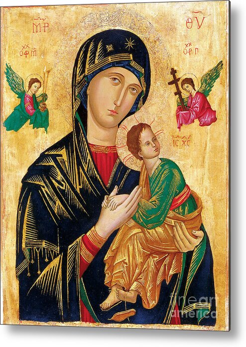 Irgin Mary Metal Print featuring the painting Icon of Our Lady of Perpetual Help by Beltschazar
