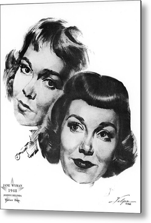 Jane Wyman Metal Print featuring the drawing Jane Wyman by Volpe by Movie World Posters