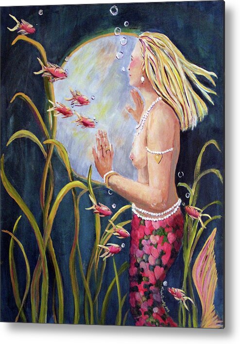 Mermaid Metal Print featuring the painting Just Looking by Linda Queally by Linda Queally