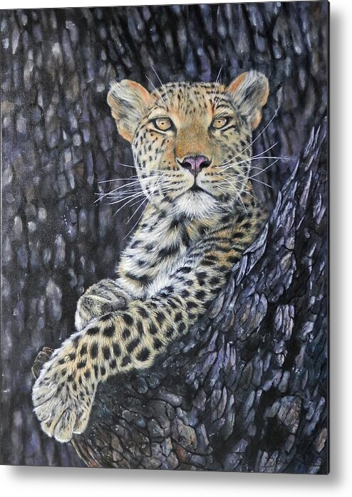 Leopard Metal Print featuring the painting Leopard Lookout by John Neeve