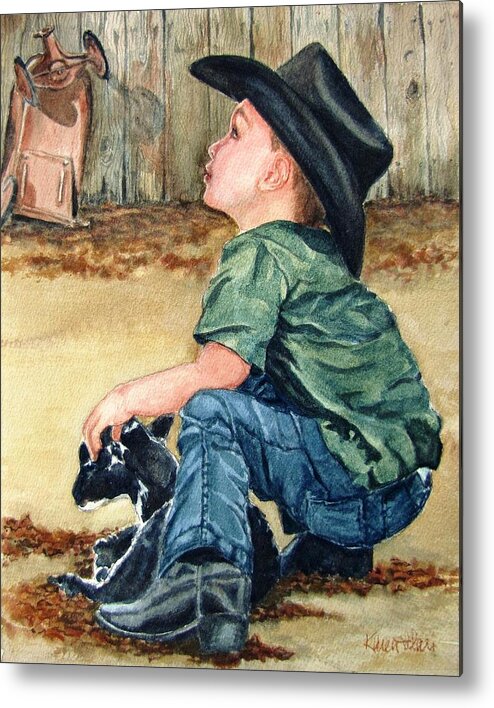 Children Metal Print featuring the painting Little Ranchhand by Karen Ilari