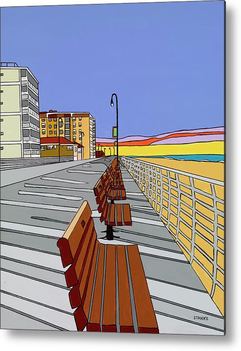 Long Beach Boardwalk Long Island Ocean Atlantic Metal Print featuring the painting Long Beach Boardwalk Sunrise by Mike Stanko