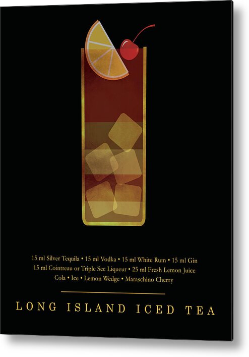 Long Island Iced Tea Metal Print featuring the digital art Long Island Iced Tea Cocktail - Classic Cocktail Print - Black and Gold - Modern, Minimal Lounge Art by Studio Grafiikka