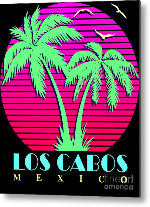 Classic Metal Print featuring the digital art Los Cabos Mexico Retro Palm Trees Sunset by Megan Miller