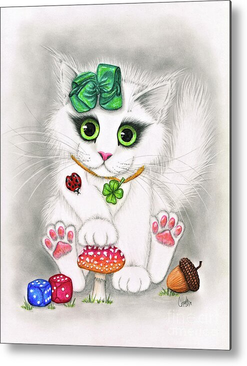 Cute Kitten Metal Print featuring the painting Lucky Cat - White Kitten Good Luck Charms by Carrie Hawks