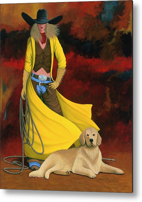 Cowgirl Girl And Dog Metal Print featuring the painting Man's Best Friend by Lance Headlee