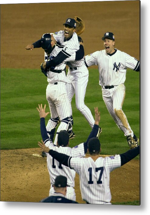 Baseball Catcher Metal Print featuring the photograph Mariano Rivera, Scott Brosius, and Jorge Posada by New York Daily News Archive