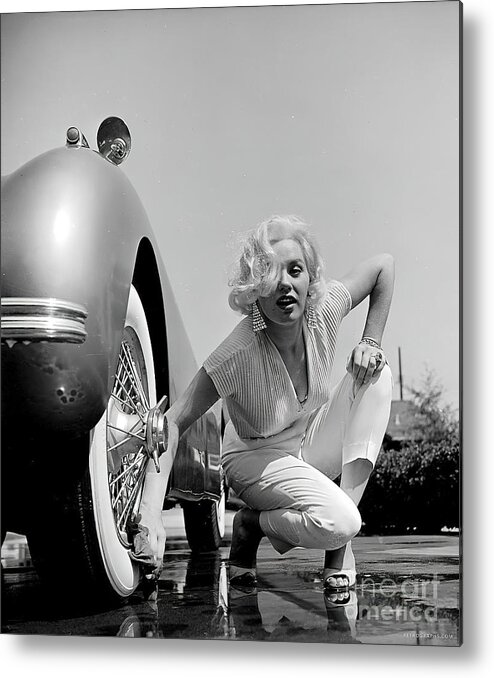 Marilyn Monroe Metal Print featuring the photograph Marilyn Monroe with 1952 Jaguar XK120 by Retrographs