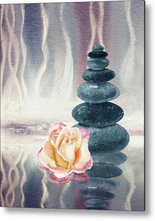 Zen Rocks Metal Print featuring the painting Meditative Calm And Peaceful Relaxing Zen Rocks Cairn Spa Collection With Flower Watercolor VI by Irina Sztukowski