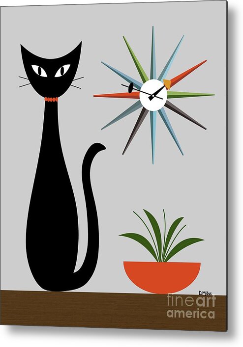 Mid Century Cat Metal Print featuring the digital art Mid Century Cat with Starburst Clock on Gray by Donna Mibus