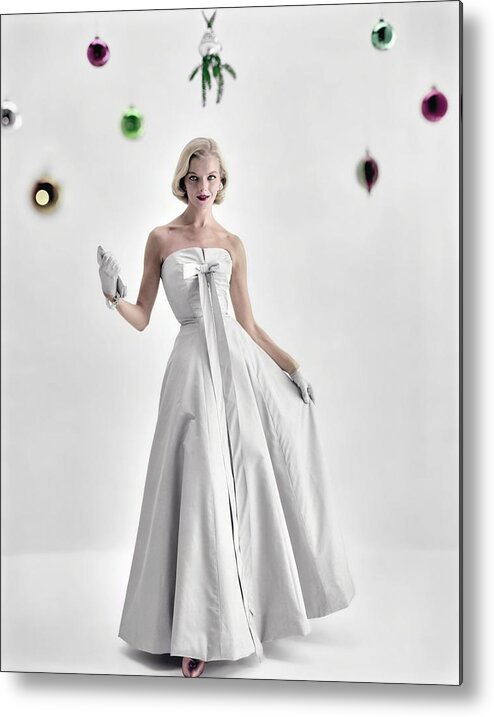 Fashion Metal Print featuring the photograph Model Under Holiday Baubles by Demas