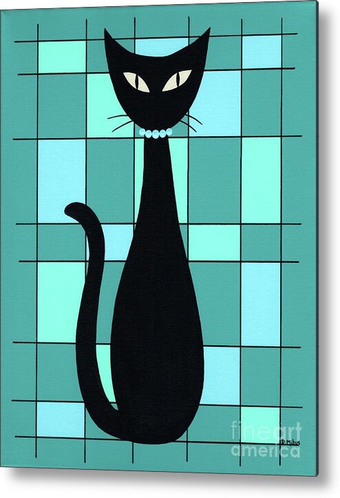 Mid Century Modern Cat Metal Print featuring the painting Mondrian Cat in Blue, Green and Teal by Donna Mibus