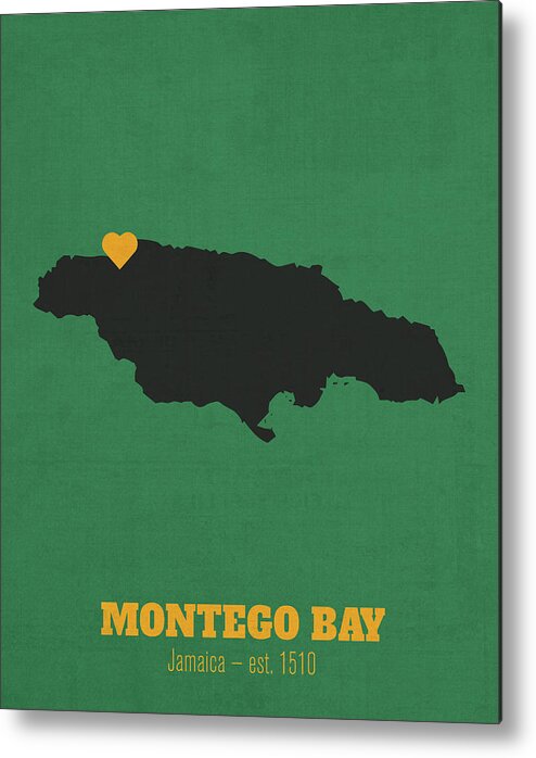 Montego Bay Metal Print featuring the mixed media Montego Bay Jamaica Founded 1510 World Cities Heart Print by Design Turnpike