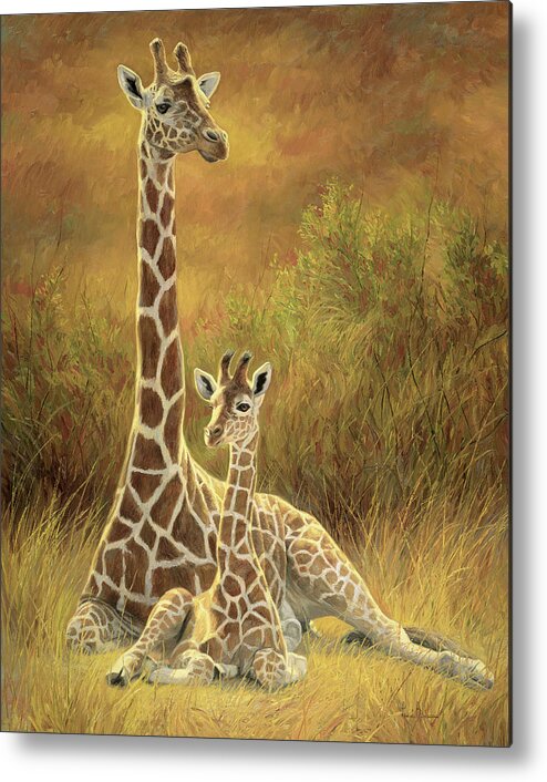 Giraffe Metal Print featuring the painting Mother and Son by Lucie Bilodeau