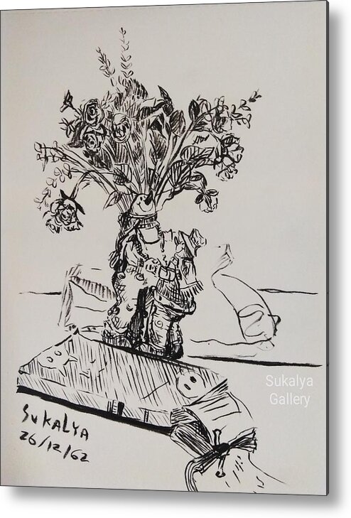 Snowman Vase Metal Print featuring the drawing On the Table by Sukalya Chearanantana