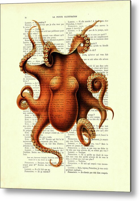 Octopus Metal Print featuring the mixed media Orange Octopus by Madame Memento