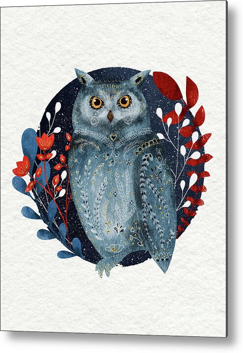 Owl Metal Print featuring the painting Owl With Flowers by Modern Art