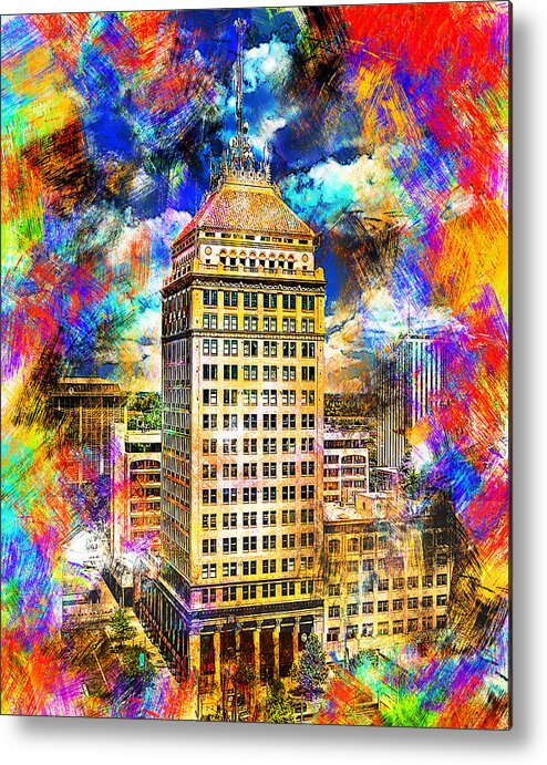 Pacific Southwest Building Metal Print featuring the digital art Pacific Southwest Building in Fresno - colorful painting by Nicko Prints