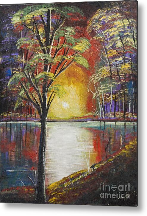 Landscape Painting Metal Print featuring the painting Peaceful Evening at the Lake by Scott Sladoff