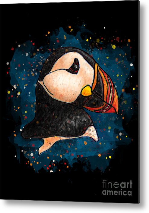 Puffin Metal Print featuring the painting Puffin head on black background, Splatter art puffin by Nadia CHEVREL