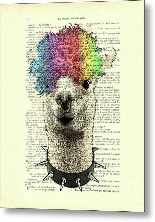 Llama Metal Print featuring the digital art Punk rock style alpaca book page art by Madame Memento