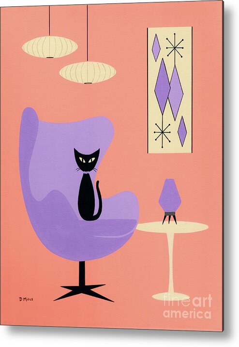 Mid Century Modern Black Cat Metal Print featuring the mixed media Purple Egg Chair with Diamonds by Donna Mibus