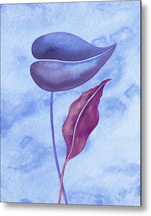 Purple Metal Print featuring the painting Purple Exotic Leaves With Blue Watercolor Sky by Irina Sztukowski
