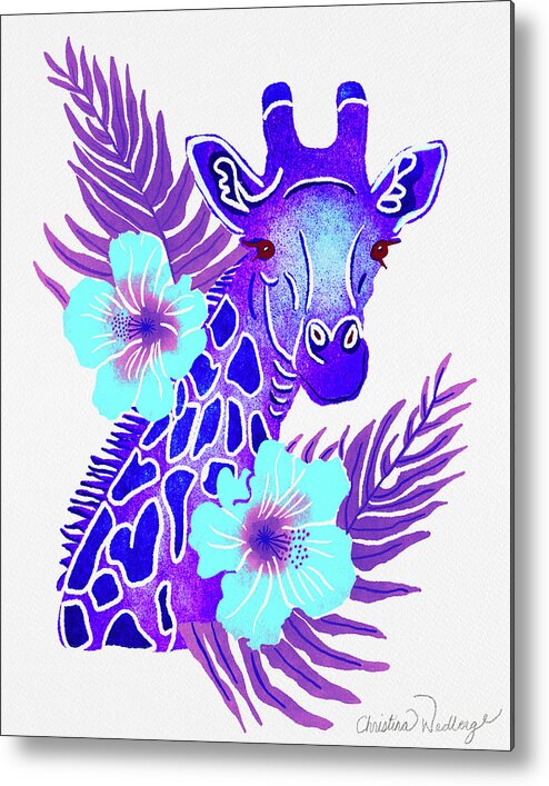 Purple Metal Print featuring the painting Purple Giraffe Tropical Jungle Safari by Christina Wedberg