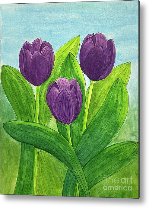 Purple Metal Print featuring the mixed media Purple Tulips by Lisa Neuman