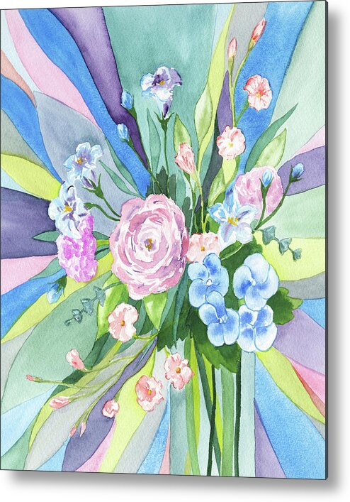 Flowers Bouquet Metal Print featuring the painting Rainbow Floral Rays Watercolor Flowers Bouquet by Irina Sztukowski