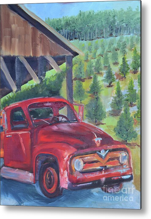 Red Truck Metal Print featuring the painting Red Truck - Christmas Tree Farm by Jan Dappen