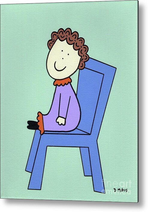 Retro Metal Print featuring the painting Retro Doll Sitting on Blue Chair by Donna Mibus