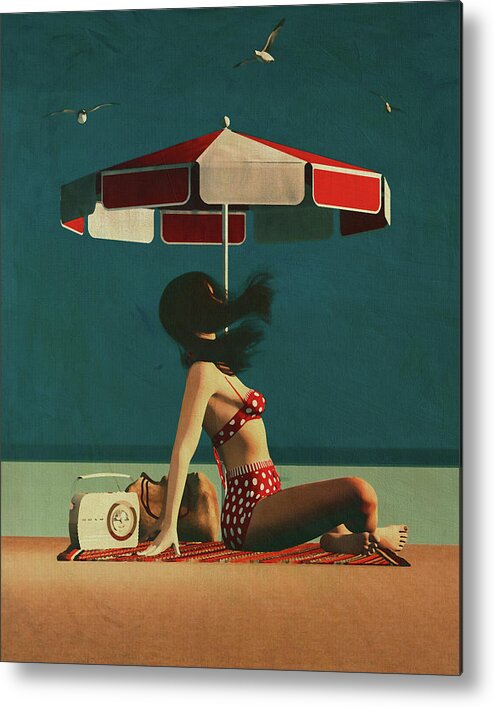 Acrylic On Canvas Metal Print featuring the digital art Retro Style Painting of a Girl on the Beach by Jan Keteleer
