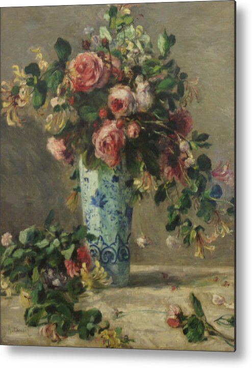 Pierre Auguste Renoir Metal Print featuring the painting Roses and Jasmine in a Delft Vase by Pierre Auguste Renoir