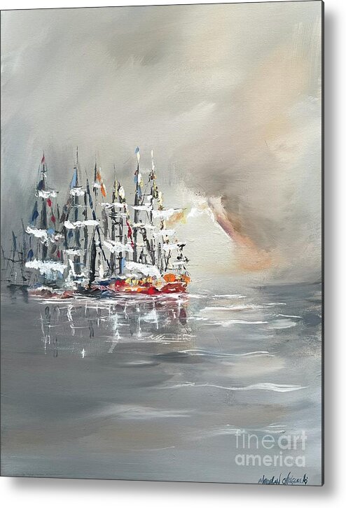 Sailing Boats At Harbor Miroslaw Chelchowski Acrylic Painting Print Ocean Dark Rest Boats Cloudy Seascape Water Gray Metal Print featuring the painting Sailing boats at harbor by Miroslaw Chelchowski