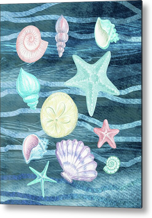Beach Art Metal Print featuring the painting Sea Stars And Shells On Blue Waves Watercolor Beach Art Collection I by Irina Sztukowski