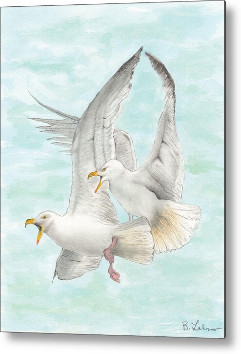 Seagulls Metal Print featuring the painting Seagulls Fighting by Bob Labno