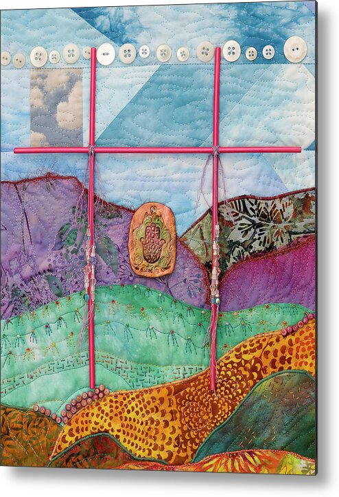 Fiber Art Metal Print featuring the mixed media Shrine to Land and Sky G by Vivian Aumond