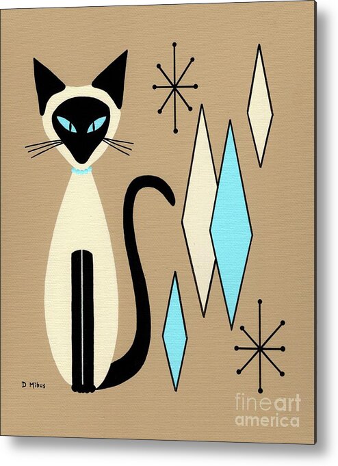 Mid Century Modern Siamese Cat Metal Print featuring the painting Siamese Cat with Retro Diamonds by Donna Mibus