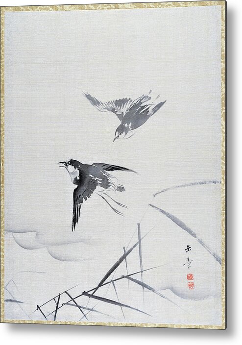 Kawabata Gyokusho Metal Print featuring the painting Small Birds and Bamboo - Digital Remastered Edition by Kawabata Gyokusho