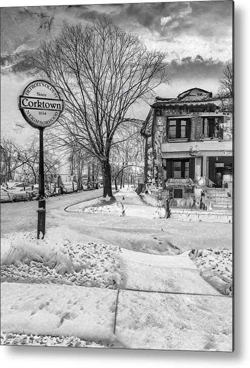 Detroit Metal Print featuring the photograph Snowy Detroit Corktown sign and Michigan Central BW IMG_6210 by Michael Thomas